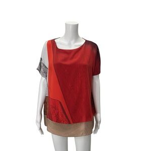 $1,390 Akris Red/Gray/Tan Layered Silk Tunic Blouse Size 4